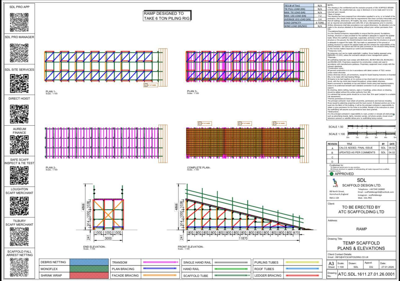 Scaffold design drawing of a temporary access ramp designed to carry a 6 tonne piling rig, with plans, elevations and load capacity table