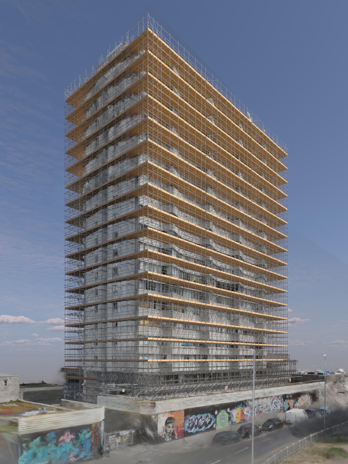 Photorealistic visualisation of a designed tower block scaffold with boarded working lifts to every floor