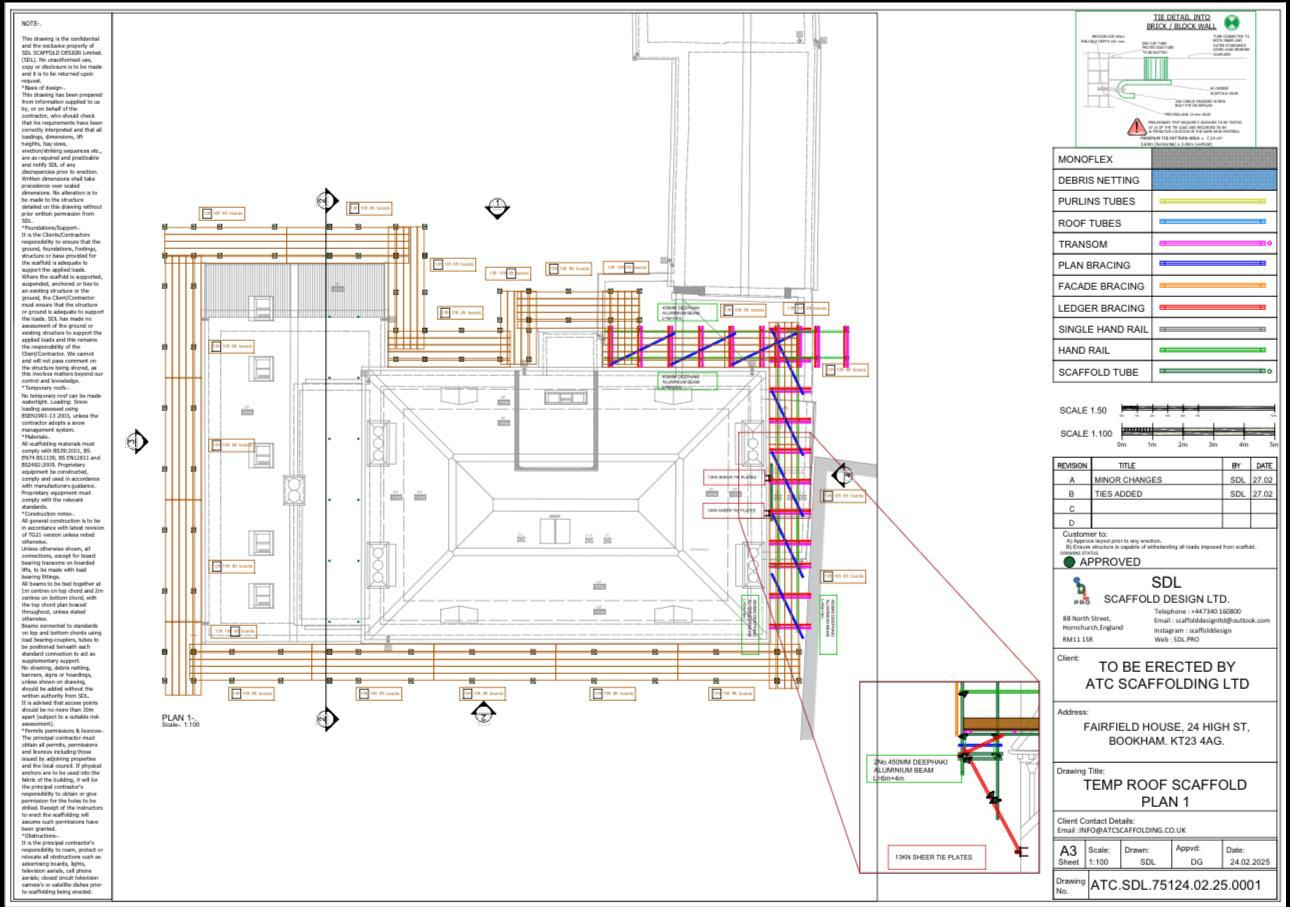 Approved SDL scaffold design drawing for a temporary roof scaffold, showing plan layout, tie detail and component key