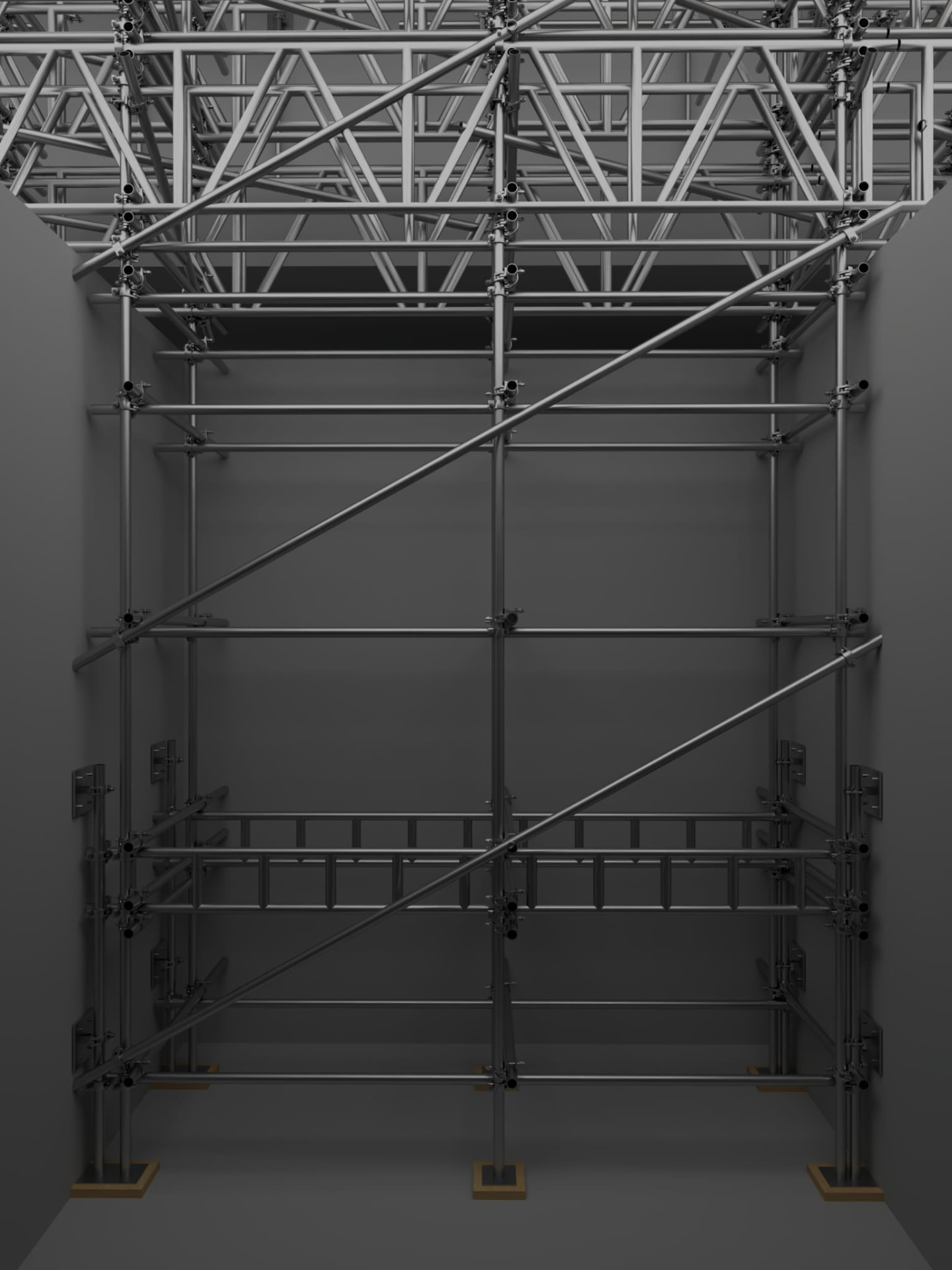 Design model of a birdcage support scaffold with braced standards and beamed head detail beneath a ceiling