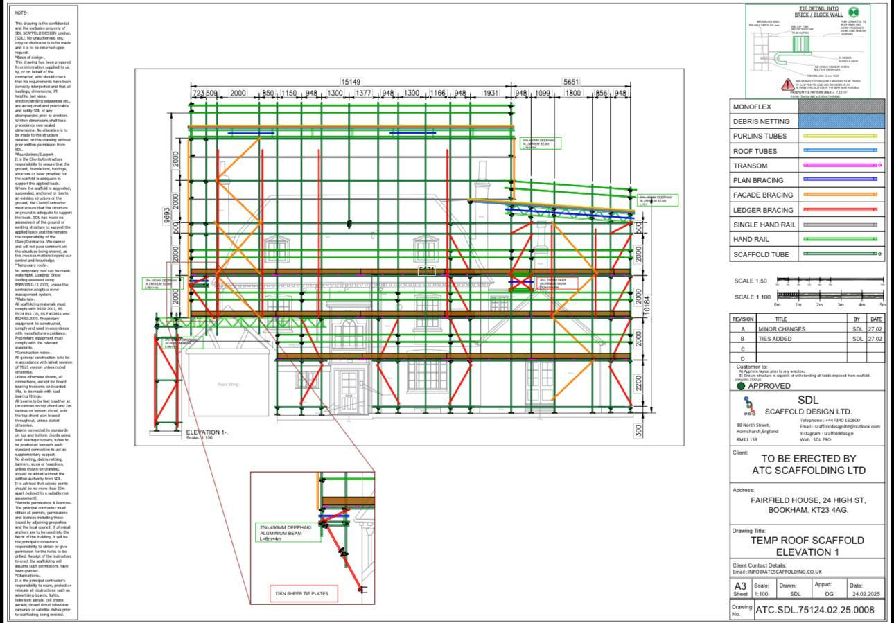 Temporary roof scaffold design elevation with dimensioned lift heights, aluminium beam spans and 13kN sheer tie plate detail
