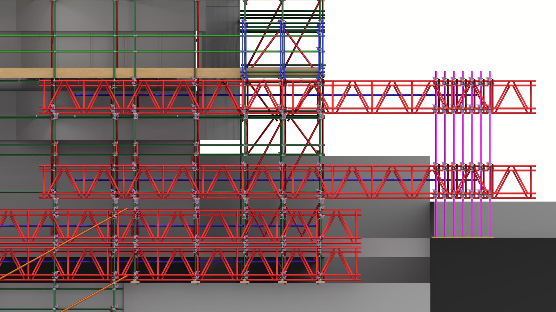 Detailed 3D design view of beamed transfer structures and propping used to bridge over an obstruction