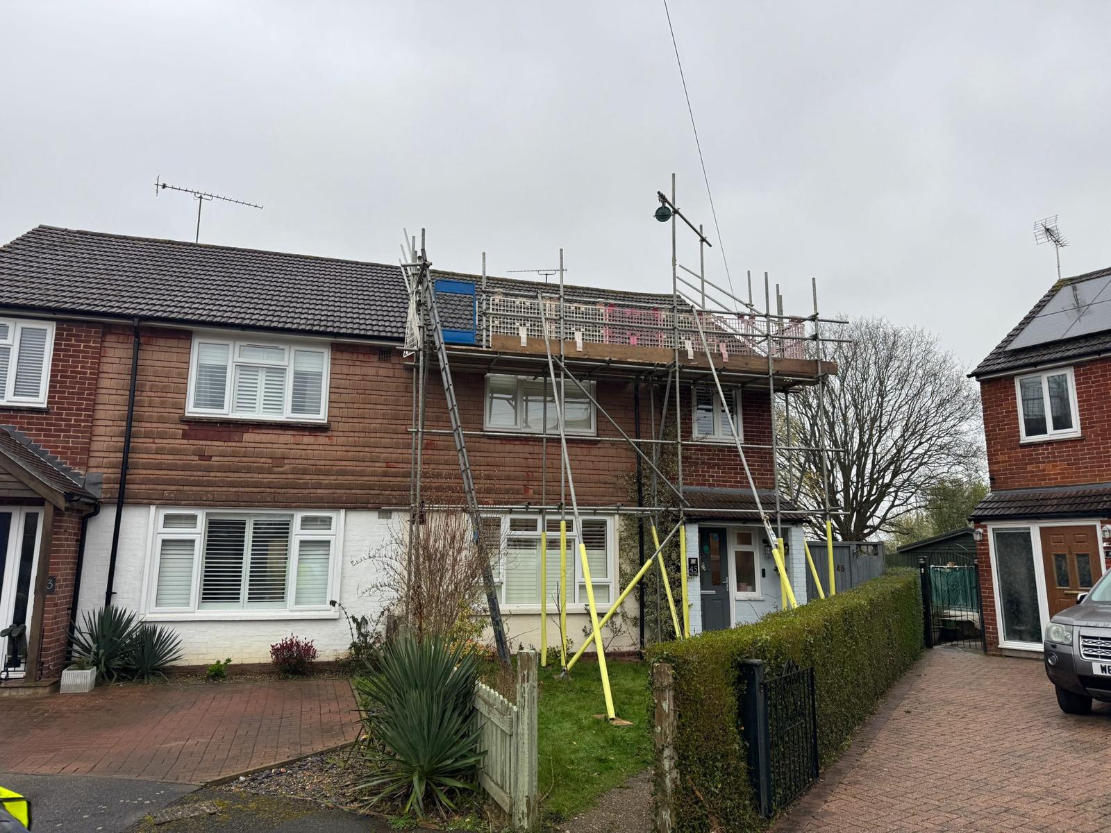 Domestic scaffolding erected by ATC Scaffolding around a house for roofing and exterior works